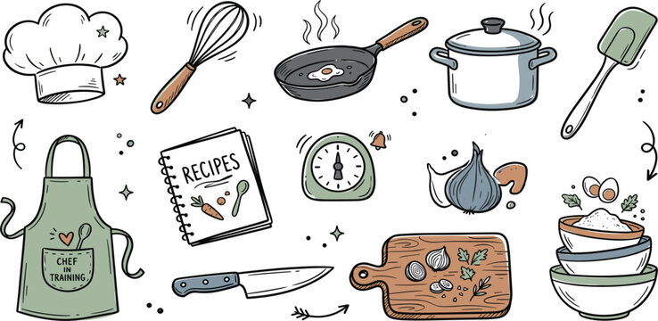 Hand Drawn Kitchen Cookware and Cooking Utensils Doodle Vector Set Featuring Chef Hat Apron Recipe Book Pots Pans and Fresh Ingredients on White Background