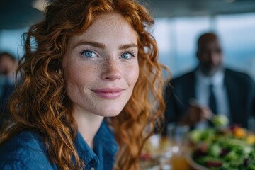 Fototapeta premium Caucasian woman with curly red hair smiles at the camera during a dining event, blurred background featuring people and a table with food and drinks