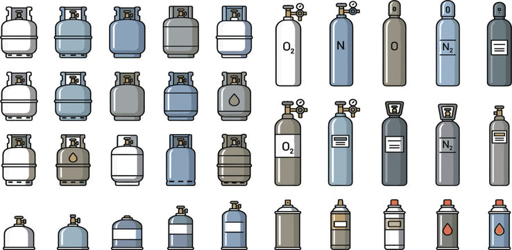 Industrial and Medical Gas Cylinder Icon Set with Propane Tanks Oxygen Nitrogen Helium and Compressed Gas Bottles Flat Line Vector Illustration