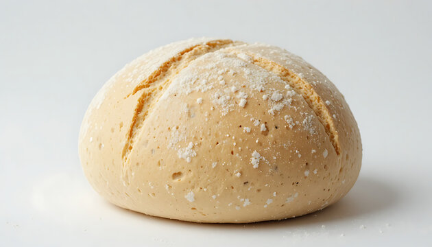 A round, lightly dusted loaf of bread with a crisscross cut on a white background, round bread dusted bread