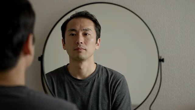 鏡を見て薄毛を気にする男性（薄毛・抜け毛・ヘアケア）