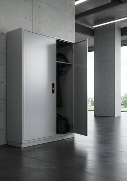 Gray metal locker with interior items in modern office space. Locker is open, revealing interior shelves with clothing and a bag.