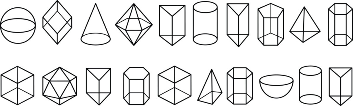 Geometric 3D shape collection featuring wireframe prisms cylinders pyramids spheres and abstract mathematical design elements
