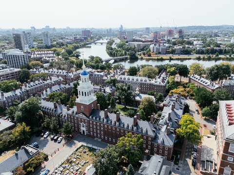 Drone view of Harvard yard, Cambridge, Massachusetts, USA
