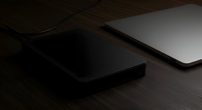 Black external hard drive beside a silver laptop on a dark wooden surface. Modern storage device with contemporary laptop computer on a professional workspace.