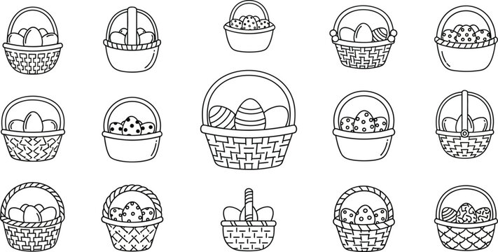Line of 13 baskets with various contents, including eggs, fruits, and vegetables woven baskets line eggs