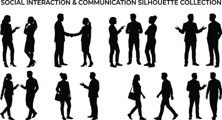 Social interaction and communication silhouette collection with people talking greeting and networking isolated on white background © maysha