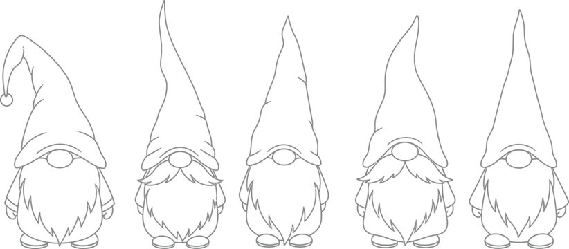 Line of four gnomes with pointy hats and beards line pointy hats cartoon characters fantasy creatures