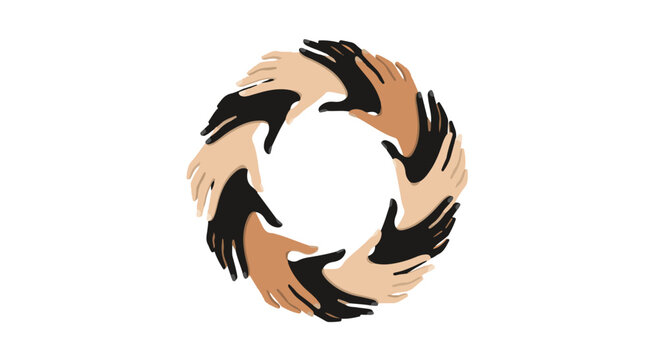 Diverse hands forming a circle of unity and connection on a white background