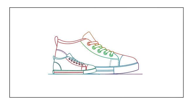Two stylized sneakers, one mid-top and one low-top, outlined in vibrant rainbow colors on a white background.