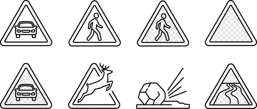Road warning signs with various hazards, triangular road signs triangular signs hazard signs traffic signs