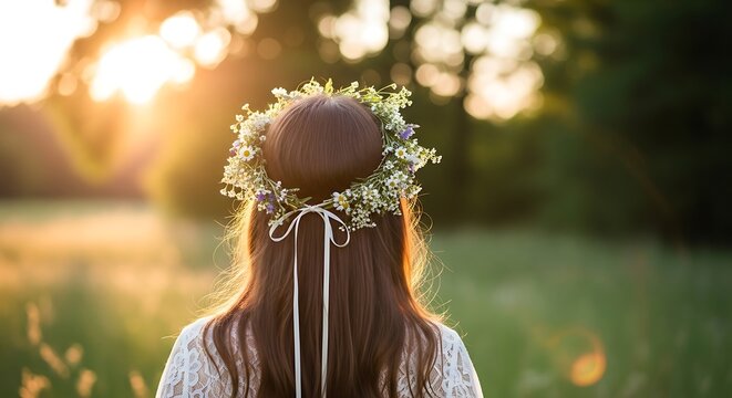 Woman with a flower crown standing in a sunlit field
