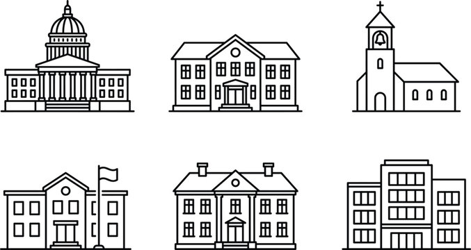 Minimal government and institutional building outline icon set featuring civic architecture education administration and public facilities