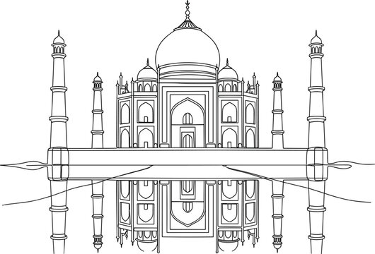 Minimal taj mahal outline illustration with reflective symmetry showcasing iconic indian monument architectural heritage vector artwork