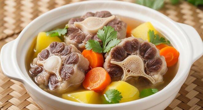Bowl of hot oxtail soup with carrots and potatoes