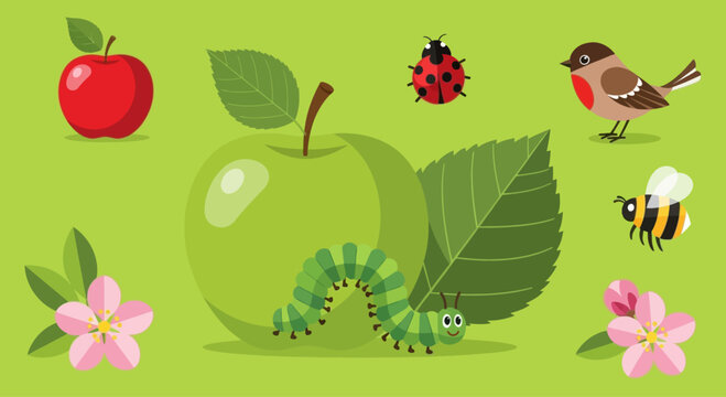 Cute cartoon caterpillar on a green apple with garden elements like a robin, bee, ladybug, and flowers.