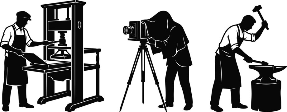 Cartoon silhouette collection of traditional craft icons showing printing press, vintage camera, and blacksmith hammering illustration design