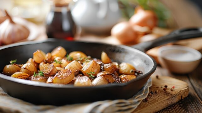 Caramelized onions sizzling in a cast iron skillet with balsamic vinegar and thyme.