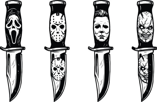 Horror movie villains knives, scary characters, ghostface.