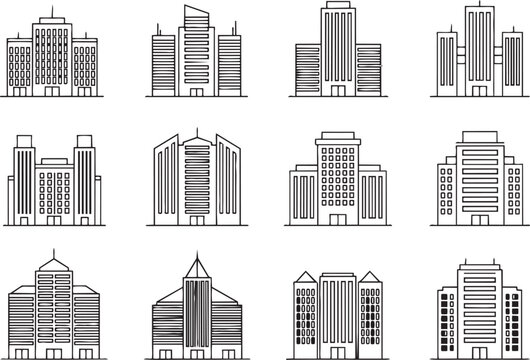 Modern building architectural line art vector illustrations