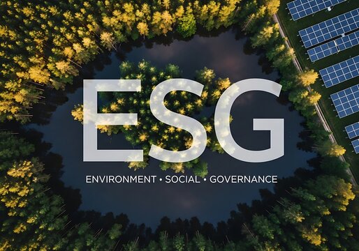 Aerial view forest with pond solar panels and e s g