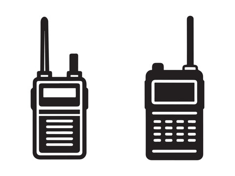 Two black walkie talkies with antennas on white background  communication devices for two way radio transmission