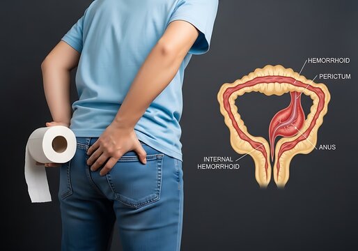Person holding toilet paper with rectal anatomy diagram