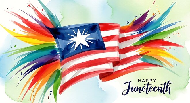 Watercolor juneteenth flag with colorful abstract paint strokes