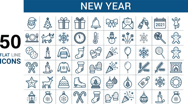 New Year holiday icon collection featuring Christmas decorations winter celebration gifts snowflakes and festive seasonal symbols