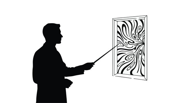 Man in silhouette pointing with a stick at a swirling abstract pattern in a frame.