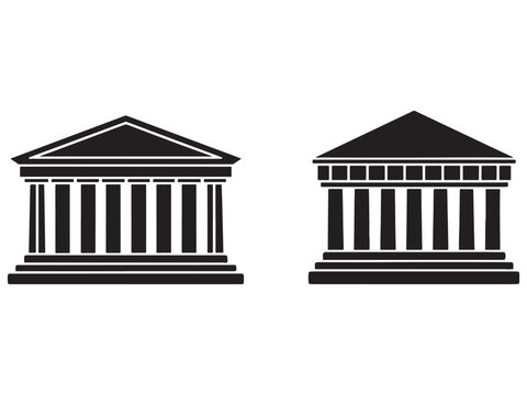 Two classic ancient Greek or Roman temple icons with columns and triangular roofs on white background