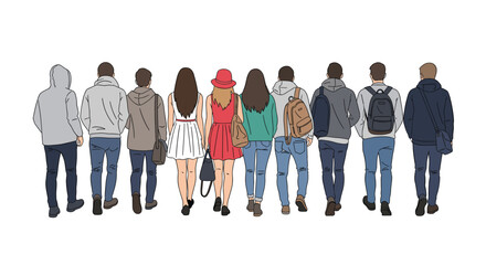 Obraz premium Group of young people seen from the back wearing casual clothes and backpacks while walking together towards a destination.