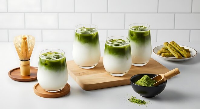 Iced matcha latte drinks with bamboo whisk and matcha powder