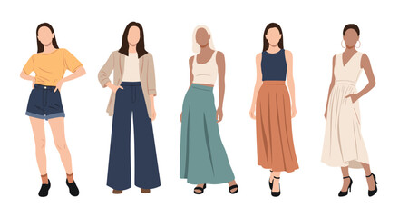 Fototapeta premium Collection of diverse women standing in various fashionable outfits including skirts, pants, and stylish dresses.