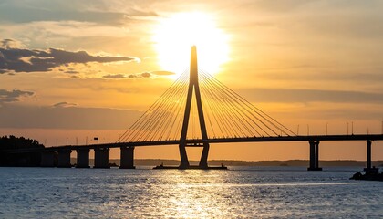 Obraz premium A majestic cable-stayed bridge at sunset over water
