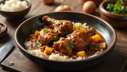 Fototapeta premium Hearty Chicken Curry with Rice and Vegetables Served in a Rustic Bowl on a Wooden Table