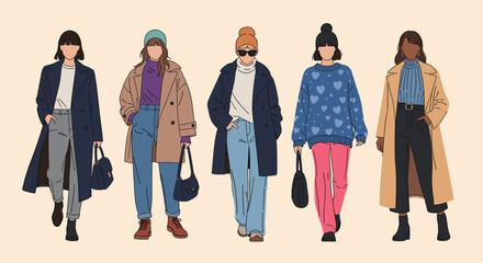 Fototapeta premium Group of five women wearing stylish autumn and winter clothing including long coats, sweaters, and warm hats.