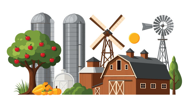 Picturesque rural farm landscape featuring a red barn, high silos, windmills, and a fruitful apple tree with pumpkins.