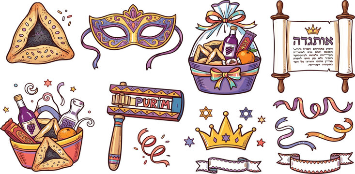 Purim Holiday Vector Icon Set with Traditional Hamantaschen Cookies Megillah Scroll Carnival Mask Gragger Noise Maker and Gift Baskets for Jewish Festival Celebration Greeting Designs