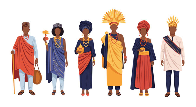 Collection of people wearing diverse traditional African cultural attire and colorful headgear standing in a row on white background.