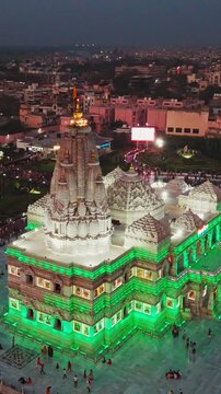 Aerial Drone Shot of Prem Mandir at Night, Vrindavan, India &ndash; Mesmerizing Illuminated Temple