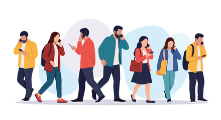Obraz premium Diverse crowd of people walking in different directions while focused on their smartphones for communication and social media use.