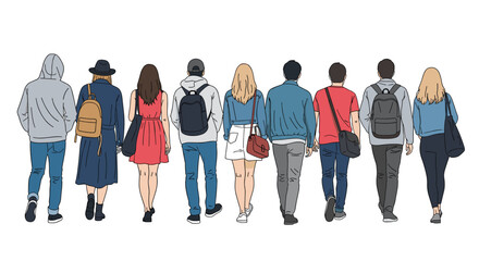 Obraz premium Rear view of a diverse group of young people walking together in a line wearing casual clothing and carrying various bags and packs.