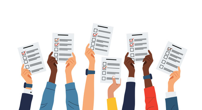 Multiethnic hands raised high holding completed checklists and survey forms symbolizing voting, feedback, and collective participation.