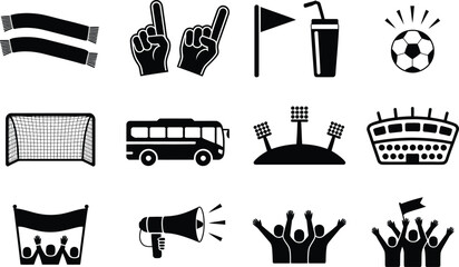 Sports fan and stadium event icons featuring cheering crowds banners megaphones and game day elements cheering megaphone football supporter celebration atmosphere tournament silhouette © MstAsmaAkter