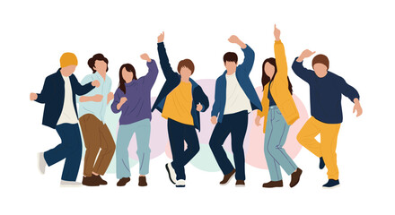 Fototapeta premium Group of cheerful young friends in casual stylish clothes jumping and dancing with joy against a colorful abstract background.