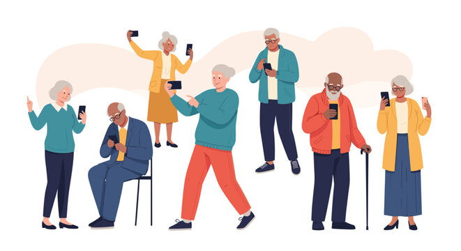 Diverse group of senior people using smartphones for photography and communication in a modern flat illustration style.