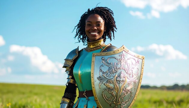 Smiling African American woman in fantasy armor holding a shield in a field under a blue sky.