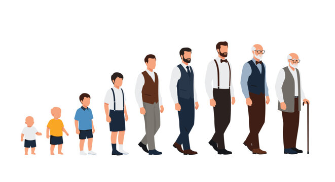 Sequence showing the human life cycle and aging stages of a male from a baby to childhood, adulthood, and elderly years with a cane.