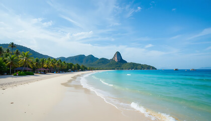 Obraz premium Tropical beach with turquoise water, white sand, and palm trees, with a mountainous landscape in the background